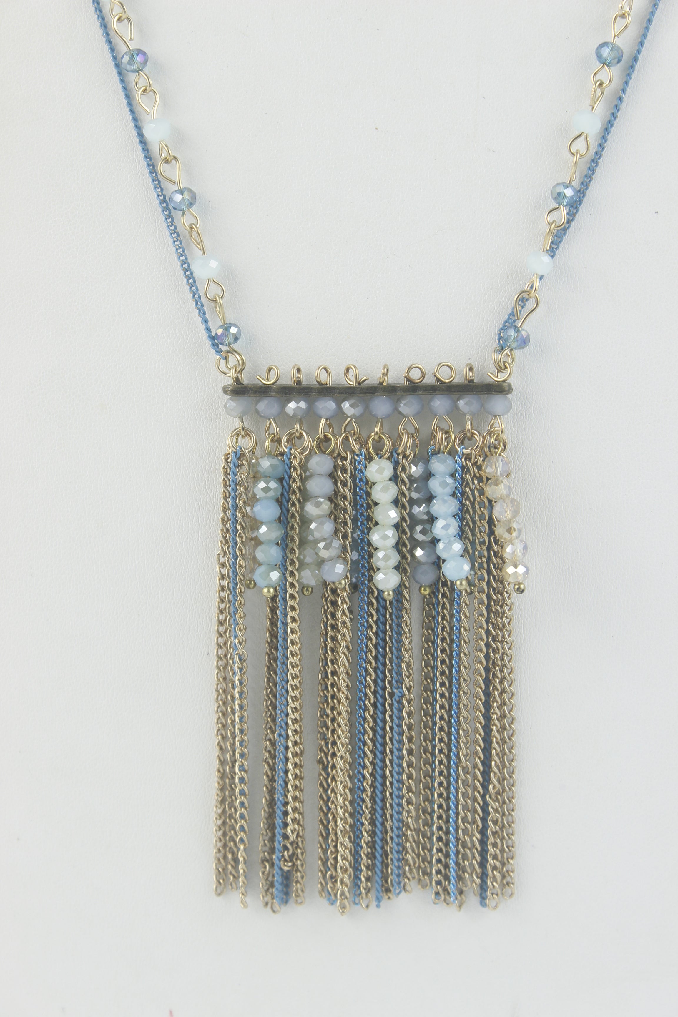 Women Blue Tassel Crystal Bead  Chain Necklaces N2142